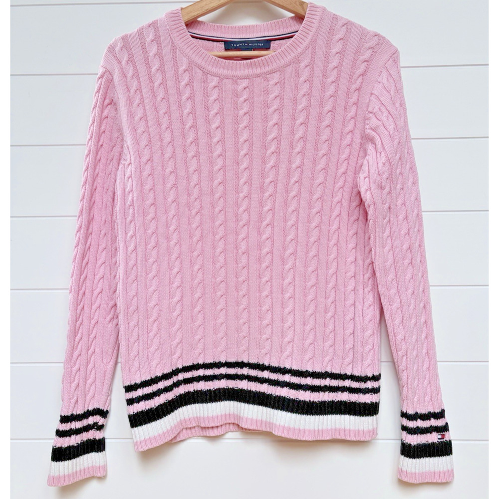 Tommy Hilfiger Pink Cable Knit Sweater Cotton Stripe Crewneck Preppy Fisherman M